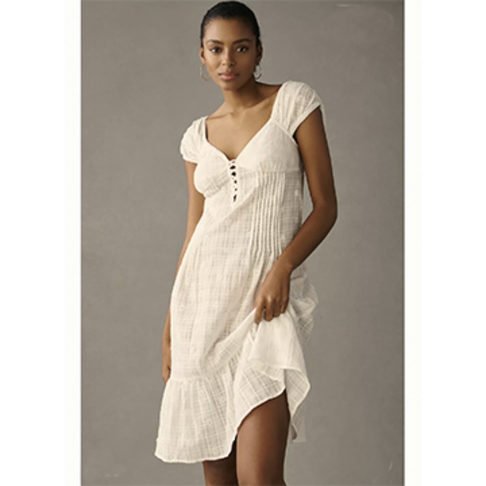 NWT By Anthropologie Cap-Sleeve Lace-Up Babydoll Dress  Size MP